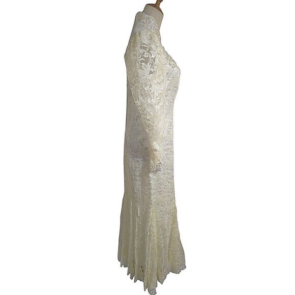 Vintage White Victorian 80s Wedding Lace Dress with Pearl Details - Picture 5 of 12